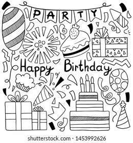 hand drawn party doodle happy birthday Ornaments background pattern Vector illustration