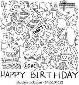hand drawn party doodle happy birthday Ornaments background pattern Vector illustration