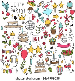 hand drawn party doodle happy birthday Ornaments background pattern Vector illustration