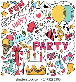 hand drawn party doodle happy birthday Ornaments background pattern Vector illustration