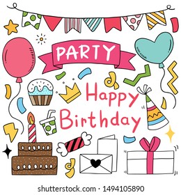 hand drawn party doodle happy birthday. Ornaments background pattern. Vector illustration.