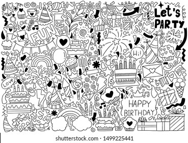 hand drawn party doodle happy birthday Ornaments background pattern Vector illustration