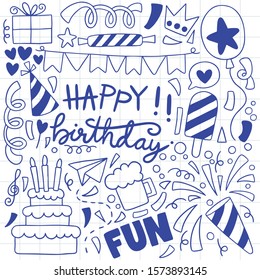 hand drawn party doodle happy birthday Ornaments background pattern Vector illustration