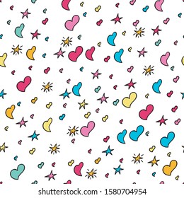 Hand drawn party doodle happy birthday party background. With colorful hearts and stars. - Vector