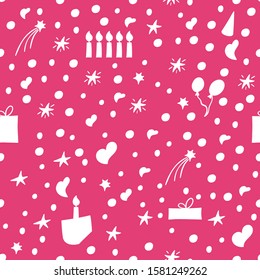 Hand drawn party doodle happy birthday party background. With air balloons, candles, stars, gifts, confetti, and bunting flags garlands. - Vector