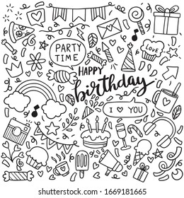 hand drawn party doodle happy birthday Ornaments background pattern Vector illustration white background isolated abstract