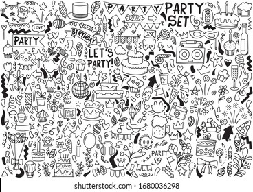 Hand Drawn Party Doodle Happy Birthday Ornaments Background Pattern Vector Illustration