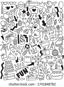 hand drawn party doodle happy birthday Ornaments background pattern Vector illustration