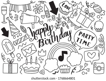 hand drawn party doodle happy birthday Ornaments background pattern Vector illustration