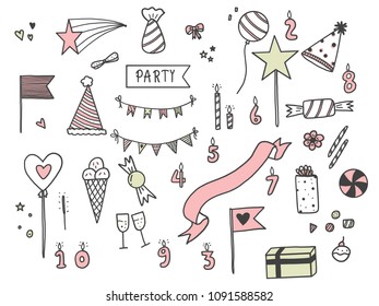 Hand drawn of Party doodle set, vector illustration design.