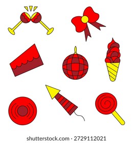 Hand drawn party doodle set. Glass, cake slice, ribbon bow, disco ball, ice cream, firework rocket, candy, and lollipop for celebration design. Vector icon illustration.