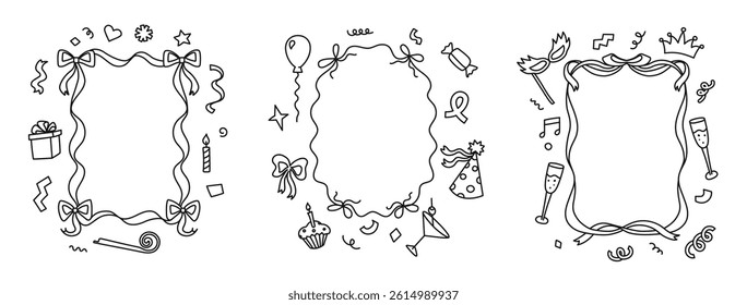 Hand drawn party frames. Doodle celebration border outlines with ribbons, gift boxes, line art bows, confetti and party elements. Birthday invitation vertical frame templates vector set.