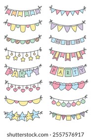 Hand drawn party garland set. Doodle illustration of bunting flags isolated on a white background. Vector 10 EPS.