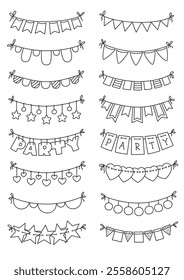 Hand drawn party garland set. Doodle monochrome illustration of bunting flags isolated on a white background. Vector 10 EPS.