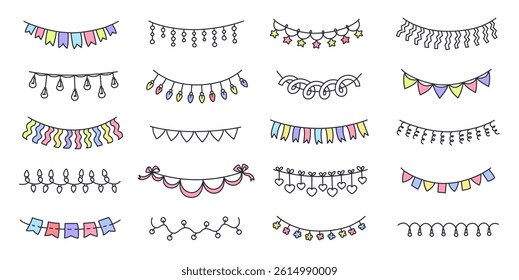Hand drawn party garlands. Celebration buntings doodle, birthday party garland outline and hanging decorations with flags, holiday string lights, ribbons, stars, hearts and pennants sketch vector set.