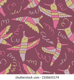 Hand drawn party hummingbirds seamless pattern. Perfect for T-shirt, poster, greeting card and print. Doodle vector illustration for decor and design.

