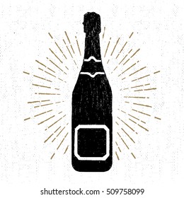 Hand drawn party icon with textured champagne bottle vector illustration.