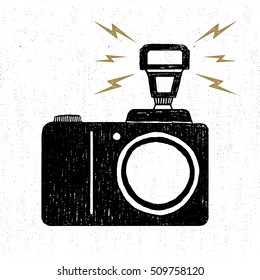 Hand drawn party icon with textured photo camera vector illustration.