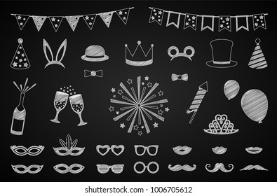 Hand drawn party icons - carnival, photo booth, birthday. Vector.