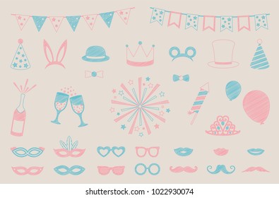 Hand drawn party icons - pastel coloured set. Vector.