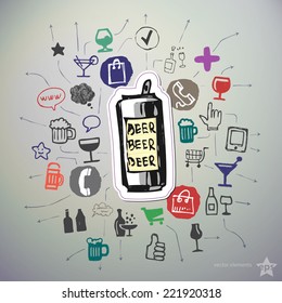 Hand drawn party icons set and sticker with beer. Vector