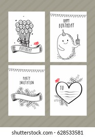 Hand Drawn Party Invitation Card or Greeting Card set decorated with beautiful flowers, heart and ribbons.