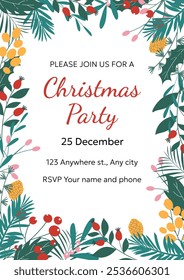 Hand drawn party invitation Christmas flyer. Vector design with winter plants on white background.