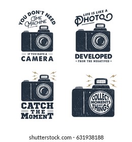 Hand drawn party label with photo camera textured vector illustration and inspirational lettering.