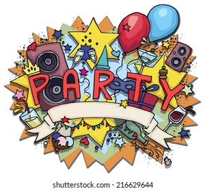 hand drawn party letters with random colorful doodles surrounding it, vector illustration