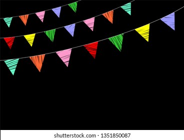 Hand drawn party multicolored flags on the black background