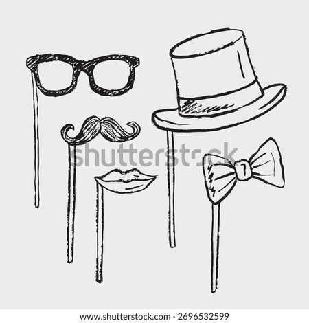 Hand drawn party props with glasses, mustache, top hat, lips, and bow tie on sticks. Vector sketch illustration in vintage crayon charcoal style. Party photo accessories, holiday celebration.