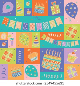 Fondo sin fisuras del partido dibujado a mano con los pasteles, las cajas de regalo, los globos y la decoración del partido. Ideal para fiestas de cumpleaños, textiles, Anuncios, Fondos de pantalla, envoltura.