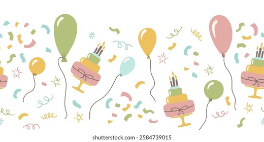 Hand drawn party seamless background with cakes, balloons and party decoration. Great for birthday parties, textiles, banners, wallpapers, wrapping ribbons vector illustration