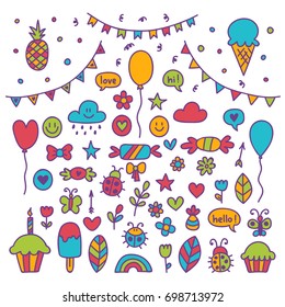Hand drawn party set of celebration objects. Doodle children drawings. Vector illustration