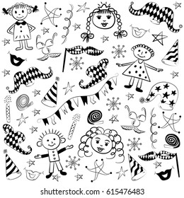 Hand Drawn Party Symbols and Happy Kids. Children Drawings of Party Elements. Vector Illustration.