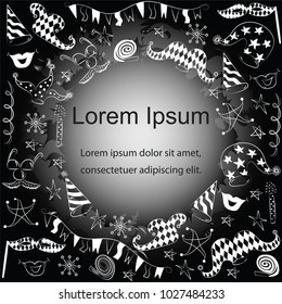 Hand Drawn Party Symbols. Template with Place for Text in Center. Children Drawings of Party Elements.  Vector Illustration.