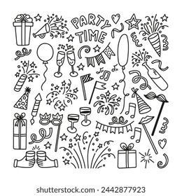 Hand drawn party time doodle set with fireworks, confetti, gifts, glasses, balloons 