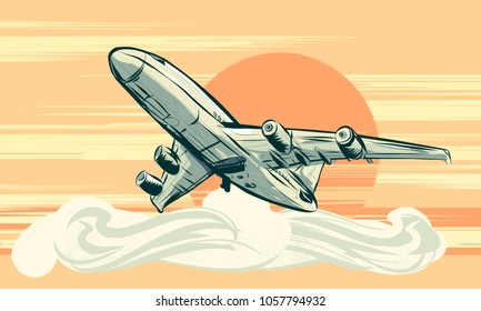 Hand drawn passenger airplane flies above the cloud with the orange sunset in the background.