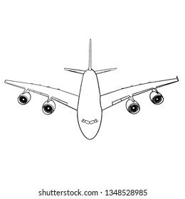 hand drawn passenger airplane in frontal view. Isolated vector graphics. Black, white outline drawing of a plane on a white background.