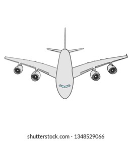 hand drawn passenger airplane in frontal view. Isolated vector graphics. Gray, white plane on white background.