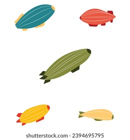 Hand drawn passenger airships set. Bright colored cigar shaped balloons retro zeppelin with stripes cabins for people elongated huge balloons with helium for free travel tourism