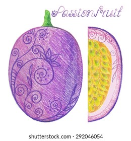 Hand drawn passion fruit: whole and half. Vector illustration