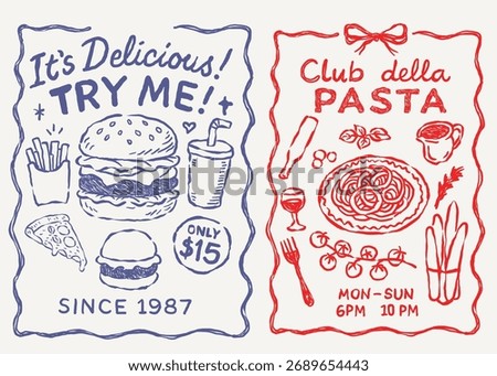 Hand drawn pasta barger and fast food rasturan vector. tomato- pizza-spoon- france fry- soft drinke-illustation.