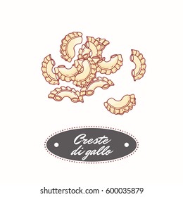 Hand drawn pasta creste di gallo isolated on white. Element for restaurant or food package design. Vector illustration