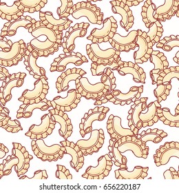 Hand drawn pasta creste di gallo seamless pattern. Background for restaurant or food package design. Vector illustration