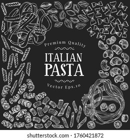 Handgezeichnete Pasta-Designvorlage. Vektorpasta-Illustrationen auf Kreidebrett. Vintage-Lebensmittelhintergrund