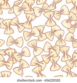 Hand drawn pasta farfalle seamless pattern. Background for restaurant or food package design. Vector illustration