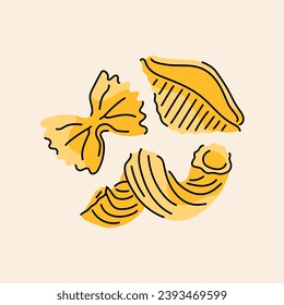 Hand drawn pasta: fusilli, farfalle color element. Cartoon unprocessed food. Isolated vector illustration.