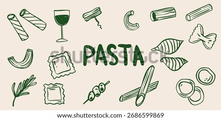 Hand drawn pasta lover doodle vector illustration sketch, Whimsical minimalistic vintage retro style graphics.