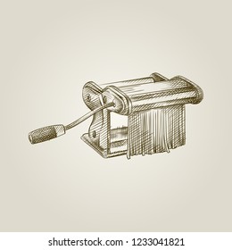 Hand Drawn pasta machine Sketch isolated on old paper background. Vector of Spaghetti In Vintage Style. Italian food sketch elements